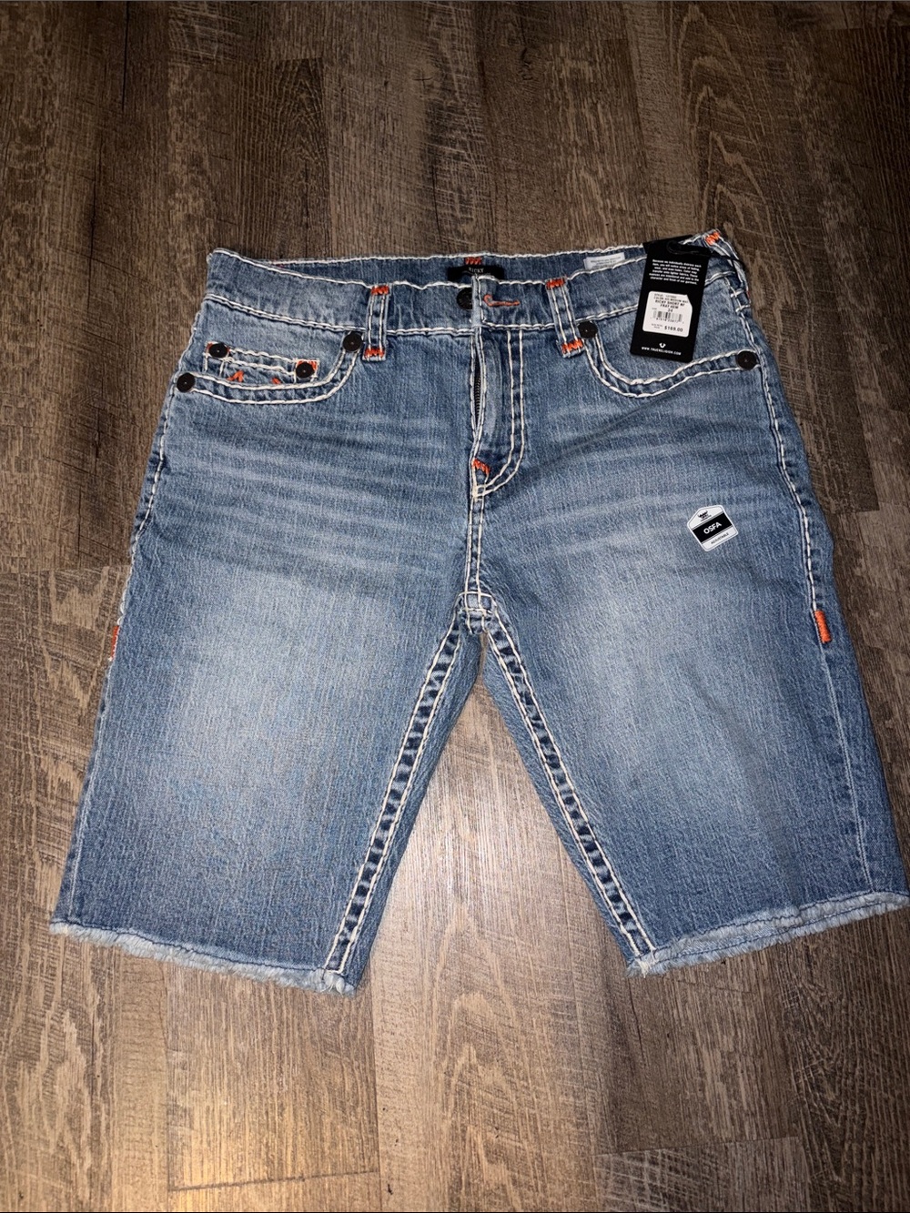 True Religion Light Blue Distressed Denim Shorts with Contrast Stitching
